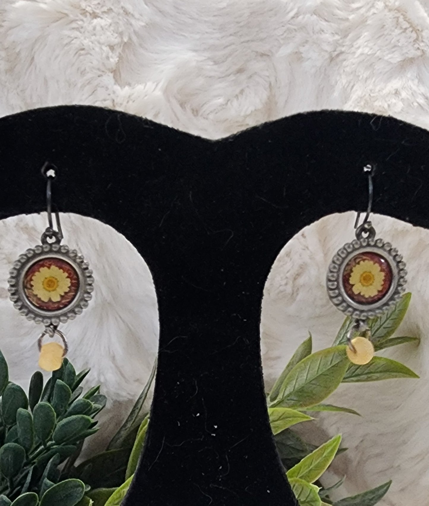 Vintage Yellow Flower and Wooden Bead Earrings