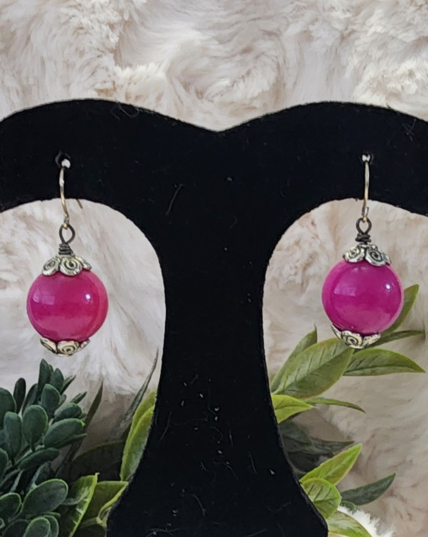 Dark Pink Silver Accented Bead Earrings
