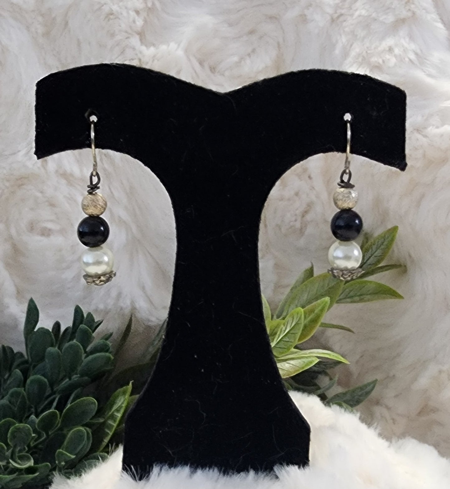 Black, White and Silver Beaded Earrings