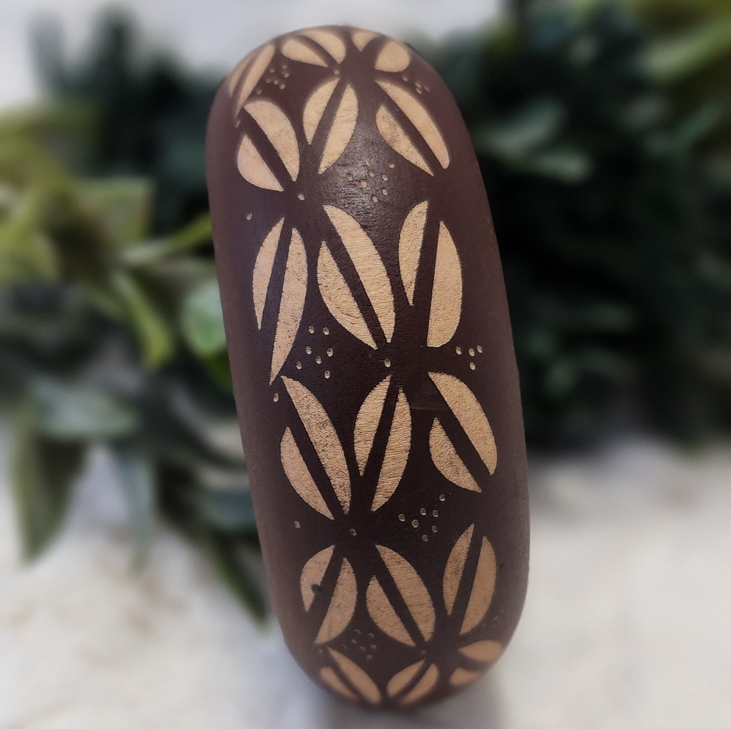 Vintage Brown Wooden Chunky Bangle Bracelet with Carved Leaf Design