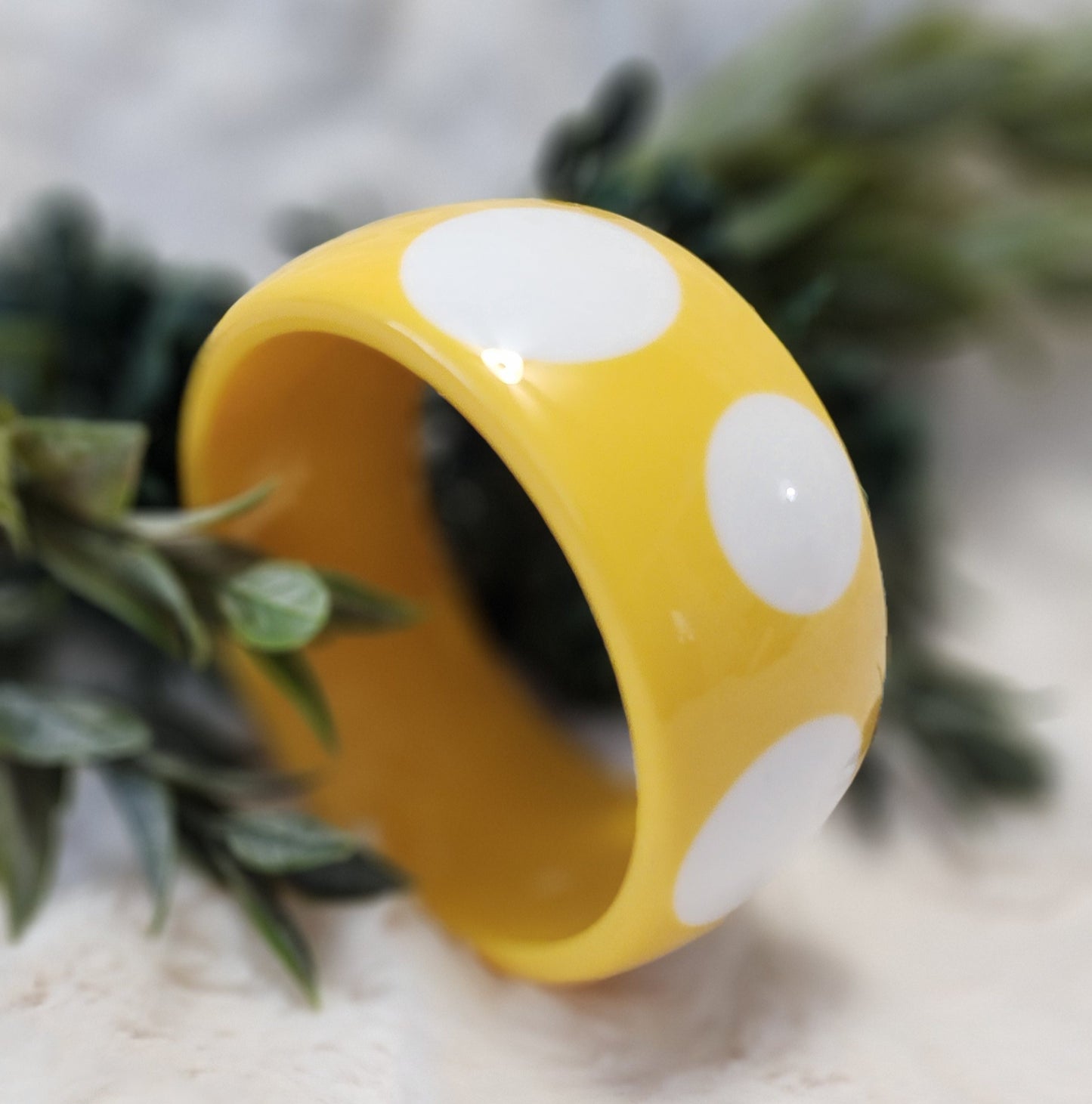 Vintage Yellow & White Lucite Polka Dot Wide Bangle Bracelet