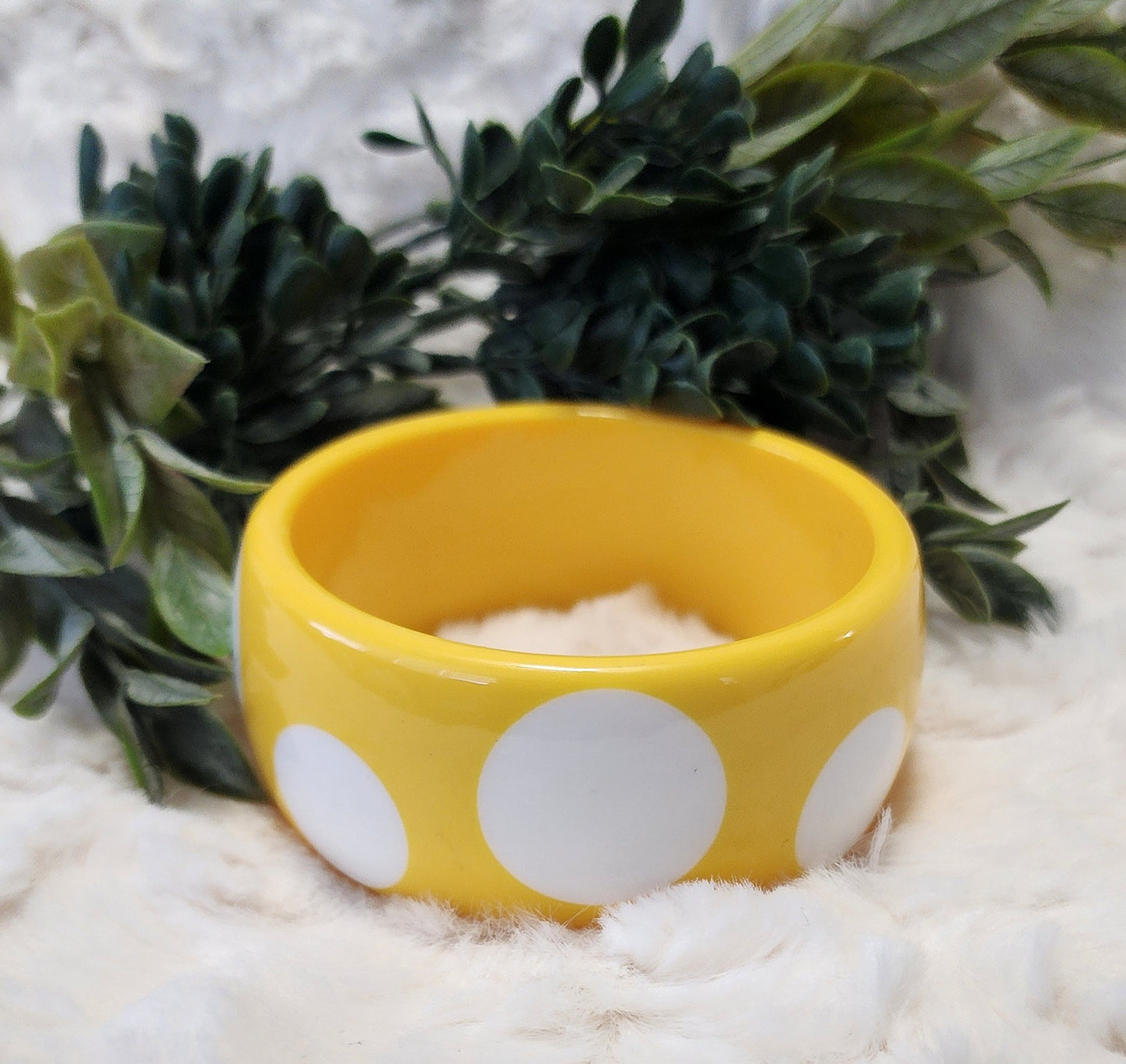 Vintage Yellow & White Lucite Polka Dot Wide Bangle Bracelet