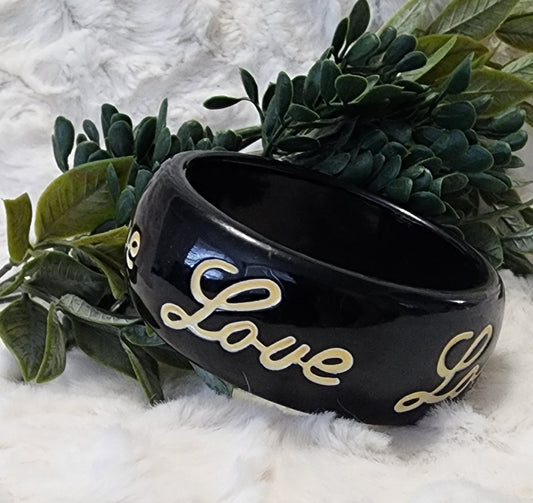 Vintage Black Bangle Bracelet with Love Inscribed in Cream Color