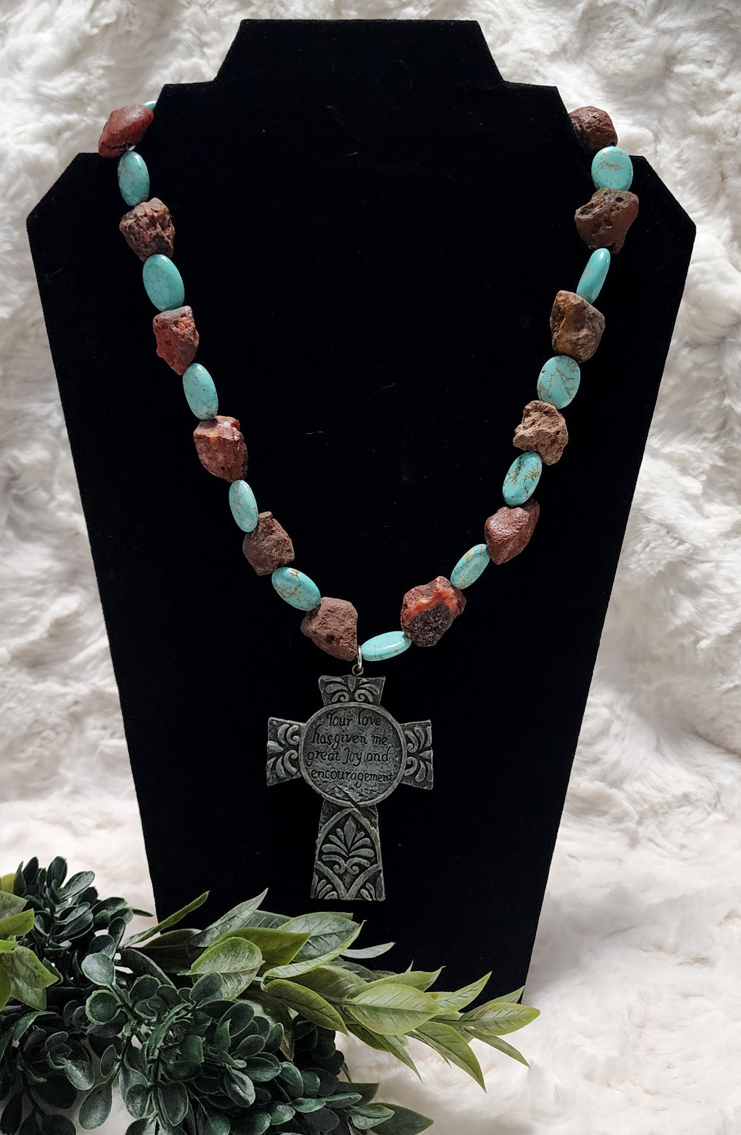 Handmade Turquoise & brown Beaded Cross Pendant Necklace