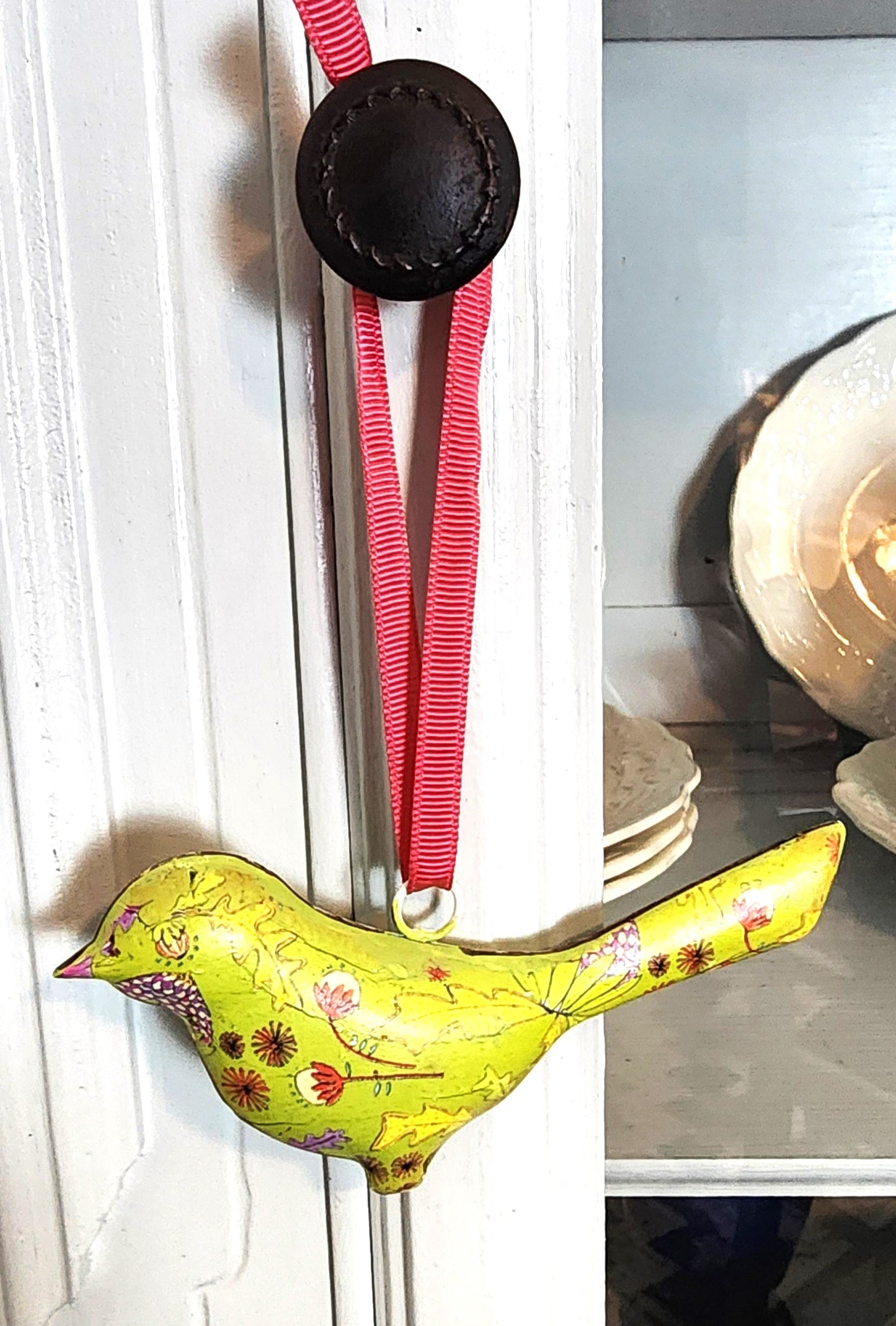 Vintage Lime Green Floral Metal Bird Ornament