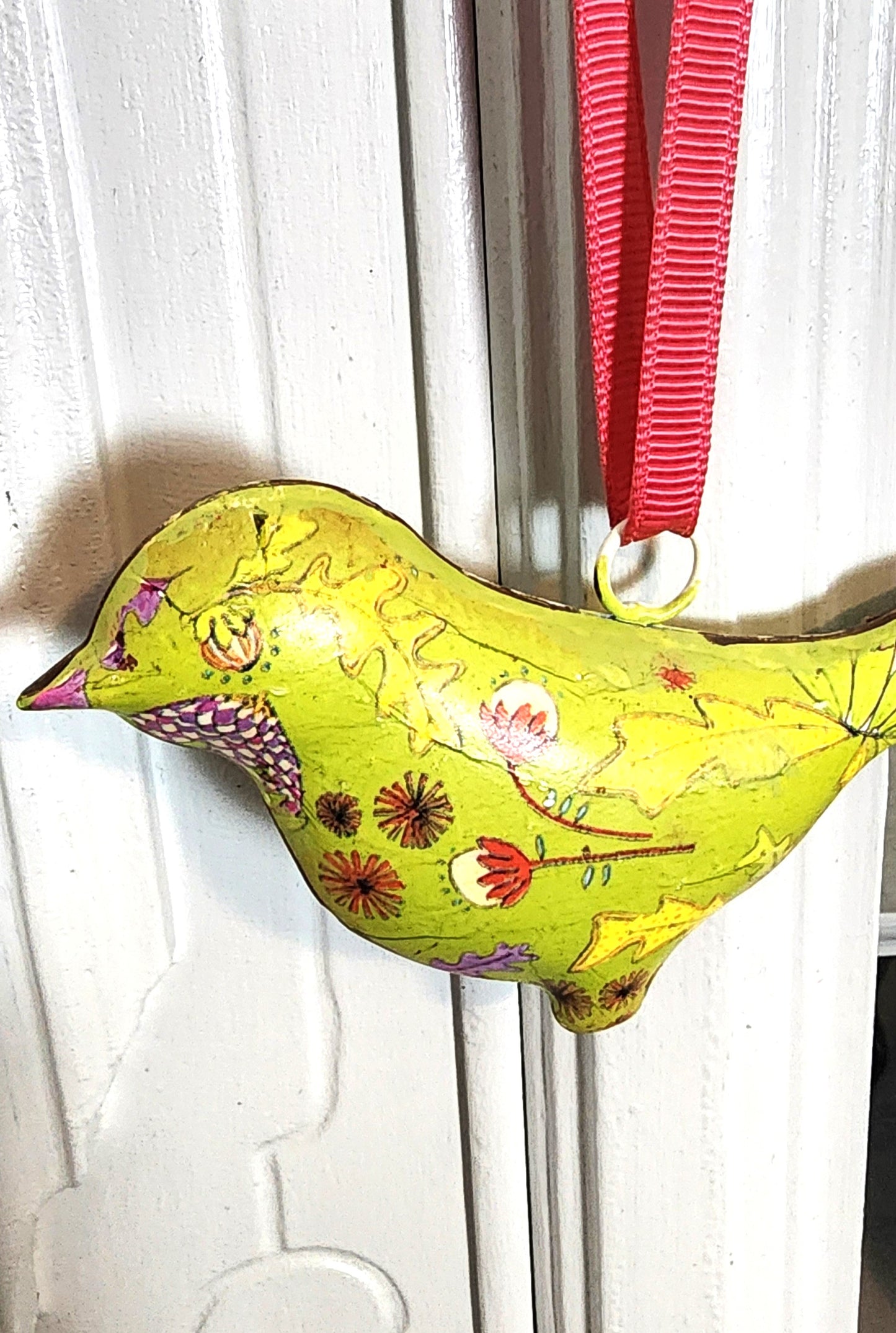 Vintage Lime Green Floral Metal Bird Ornament